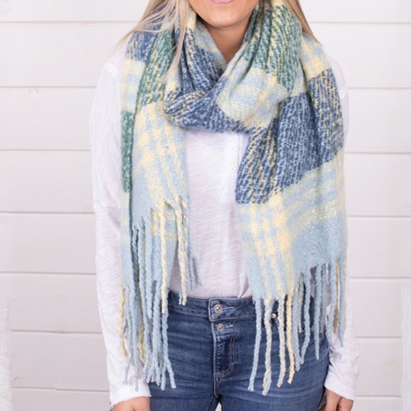 Free People Accessories - NWT Free People Homecoming Plaid Blanket Scarf School Blue Large Soft Fringed